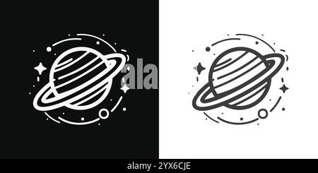 Vector Black and White Saturn Icon with Rings and Stars Stock Vector