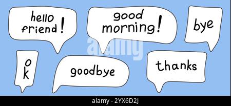 White speech bubbles with words drawn by hand and words written by hands Stock Vector