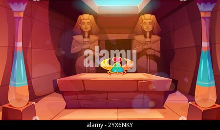 Ancient Egyptian pyramid interior. Pharaoh tomb with stone sarcophagus decorated with golden crown. Old temple room with traditional Egyptian statues Stock Vector