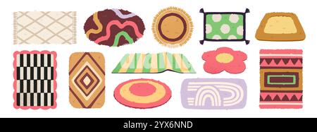 Set of carpets. Icons or stickers with rugs of various shapes, textures and patterns. Decorative floor carpets for cozy interior of house. Flat vector Stock Vector