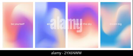 Pastel Gradient Poster Set. Rainbow Flyers with Blurred Light Colors and Motivational Quote. Banners with light blue, yellow and pink shades of sky Stock Vector