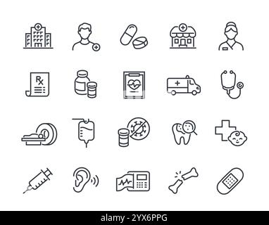 Healthcare Line Icons Set. Simple symbols related to medicine. Hospital, ambulance, patient, treatment, injury, doctor and pills. Outline vector Stock Vector