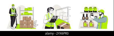 Stock management. Set of scenes of warehouse workers in uniform unloading boxes, scanning parcels and stocking shelves. Distribution center. Flat Stock Vector