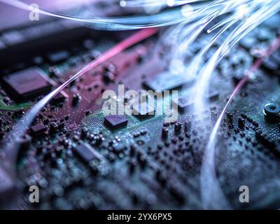 Data transfer, conceptual image. Fibre optics and circuit board. Stock Photo