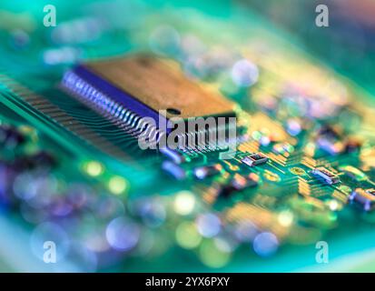 Close-up of a computer chip on a circuit board. Stock Photo