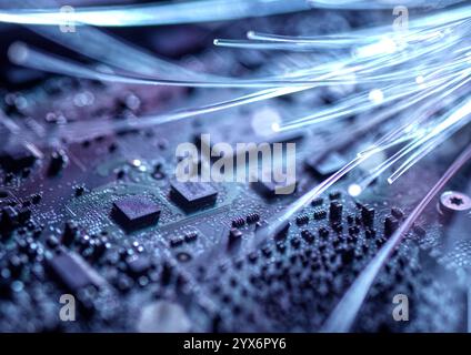 Data transfer, conceptual image. Fibre optics and circuit board. Stock Photo