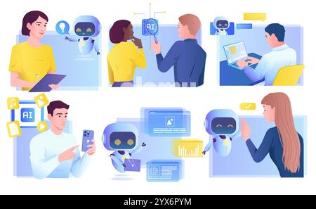 People interact with ai apps. Set of scenes with men and women using artificial intelligence technologies for work, study and business. Cartoon vector Stock Vector