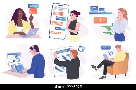 Set of people programmers. Male and female engineers or web designers develop software or user interface for digital product or website. Cartoon Stock Vector