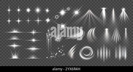 Set of lighting effects. Ray, flash, radiance, beam, sparkle and glow. Light elements from bulbs, spotlights and lanterns. Realistic vector Stock Vector