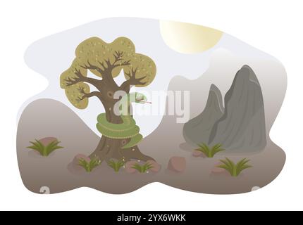 Green snake on the tree close to mountains, vector colorful illustration Stock Vector