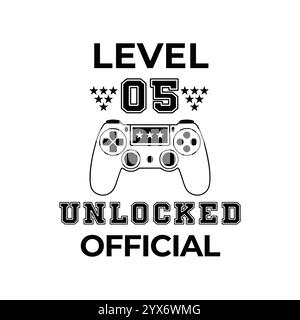 Level 5 unlocked, birthday party, video game, funny gamer vector illustration file Stock Vector