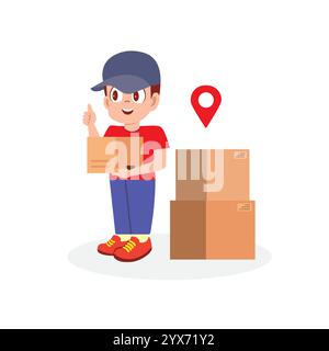 A cheerful boy wearing a blue cap and red outfit while standing next to cardboard boxes. courier boy Stock Vector