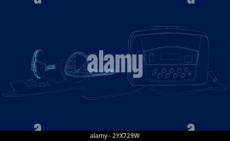 Retro style audio cassette, tape recorder, music player and headphones from 90s, sketch illustration isolated on blue background. Music player vector Stock Vector