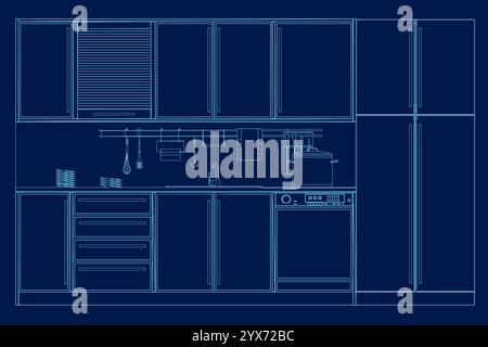 Modern kitchen interior with furniture in linear style. Architectural sketch dining room with utensil tool equipment and household appliances. Blue co Stock Vector