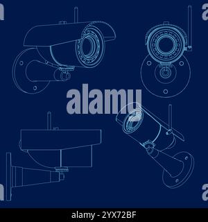Security camera. Contour cctv home wireless electronic inspection cameras decent vector illustrations. Video cctv camera, electronic equipment to moni Stock Vector