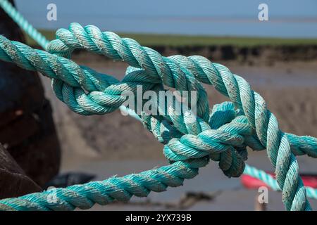 Bettisfield Colliery historical 1872 mining area near Bagillt in Flintshire next to the river Dee estuary North Wales boat mooring rope Stock Photo