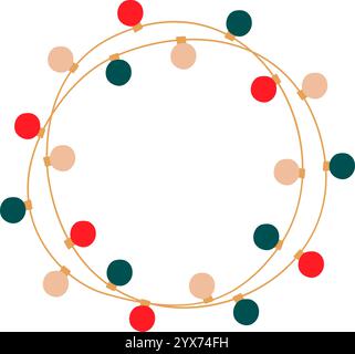Christmas lights garland round tangled circle colored bulbs. Glowing Xmas festive string decoration with hanging retro lamps lightbulb for holiday car Stock Vector