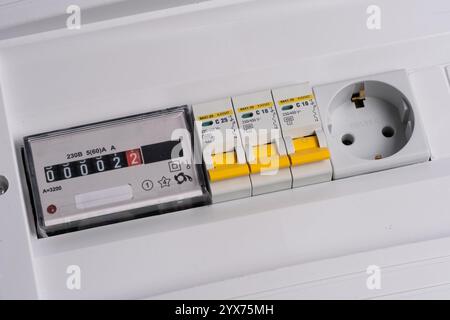 Electricity meter and automatic disconnection machines with an outlet in white shield Stock Photo