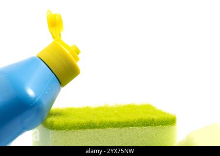 Cleaning products and sponges isolated on white background Stock Photo