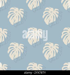 Pattern of Monstera leaves in beige color and leaf outline, textile soft blue pastel background. Vector illustration Stock Vector