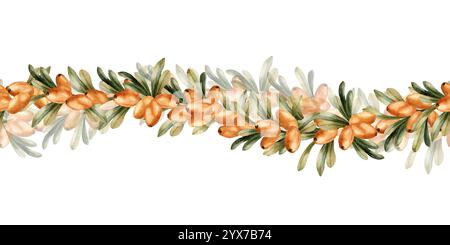 Sea buckthorn branches with orange berries and leaves. Seamless Border. Watercolor hand drawn isolated floral illustration for fall design, botanical Stock Photo