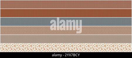 Collection of brick wall seamless patterns. Brickwork decorative backgrounds in different colors. Minimalistic geometric repeatable textures Stock Vector