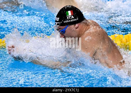 Budapest, Hungary. 14th Dec, 2024. Simone Cerasuolo of Italy competes in the 50m Breaststroke Men Heats during the short course World Aquatics Swimming Championships 2024 at the Duna Arena in Budapest (Hungary), December 14, 2024. Credit: Insidefoto di andrea staccioli/Alamy Live News Stock Photo