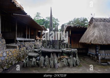 Megalithic Altar made from Stones in Bena Traditional Village, Flores, Indonesia, a Place for Sacrifices and Offerings Stock Photo