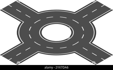 Circular road intersection featuring four connecting roads, promoting smooth traffic flow while enhancing overall road safety in an urban environment Stock Vector