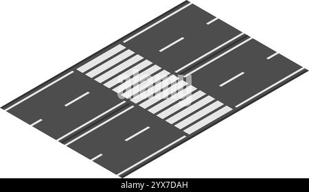 Isometric view of a pedestrian crossing on a two lane road, providing a safe passage for people across the street, enhancing road safety and urban Stock Vector