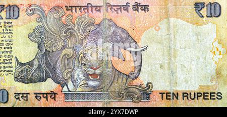 large fragment of the reverse side of ten 10 Indian Rupees INR issued by Reserve Bank of India, features Rhinoceros and elephant heads behind tiger at Stock Photo