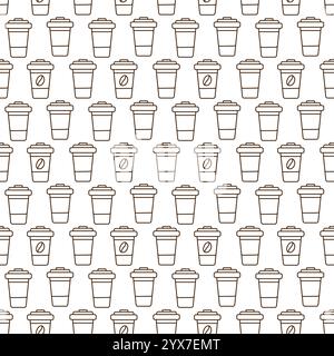 Disposable cups with lid and coffee bean on label in a trendy minimalistic. Coffee Day background. Isolated Vector illustration Wallpaper, wrapping or web promo banner, cards, posting or leaflets, tag Stock Vector