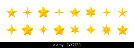 Golden stars flat set. Various star designs, including five pointed radiant, sparkling vibrant shapes for holiday decorations, rating, award, certificate, greeting card, poster, branding, web design Stock Vector