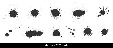 Black ink splashes set. Various shapes of round spots, sharp bursts, irregular blots sprays drips. Textured edges with scattered dots uneven lines. Bold splatters, chaotic marks rough dynamic strokes Stock Vector
