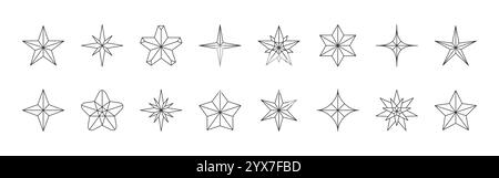 Stars linear set includes five pointed geometric sparkle shapes, radiant designs, sharp edged forms. Features minimalist outlines, abstract patterns, decorative details clean lines precise symmetry Stock Vector
