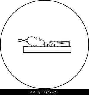 Mouse wants to eat piece of cheese from mousetrap silhouette rodent icon in circle round black color vector illustration image outline contour line Stock Vector