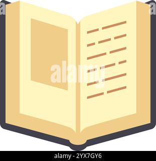 Open book displaying lines of text on one page while featuring an image placeholder on the opposite side, evoking a sense of learning and reading enga Stock Vector