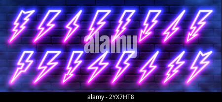 Neon blazing lightning strike in darkness. Night club bright banner sign of thunder light sparks storm flash thunderstorm. Power energy fast speed charge icons. Natural effects thunderbolt concept Stock Vector
