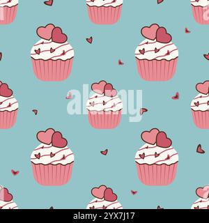 Seamless pattern of sweet cupcakes and hearts on a bright background, decoration for Valentine's Day, wedding, birthday. Stock Vector