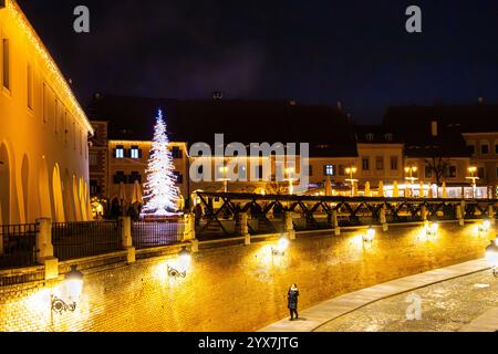 Christmas tree and decorative lights at night in the Small Square (Piata Mica) in Sibiu, Romania Stock Photo