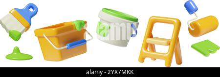 Painting works and house renovation tools 3d icons set. Roller, brush, buckets of paint and folding ladder cute vector elements isolated on white. Stock Vector