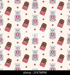 Seamless pattern with teddy bears and chocolate slices on a light background, romantic background for lovers, birthday packages, wedding greetings. Stock Vector
