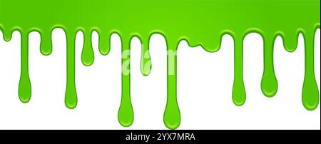Seamless pattern of bright green dripping slime on white background, creating a sticky and gooey texture, ideal for halloween or any spooky project Stock Vector
