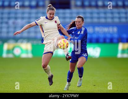 Chelsea's Niamh Charles is challenged by Leicester City's Missy Goodwin (right) during the Barclays Women's Super League match at the King Power Stadium, Leicester. Picture date: Saturday December 14, 2024. Stock Photo