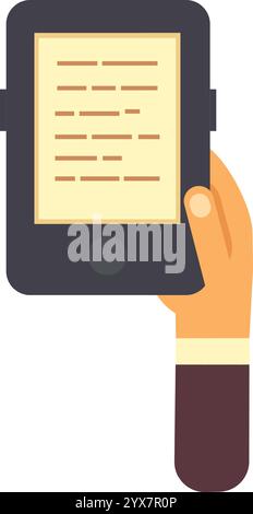 Hand holding an e reader with lines of text displayed on the screen, highlighting the experience of reading an e book or digital document in a modern Stock Vector