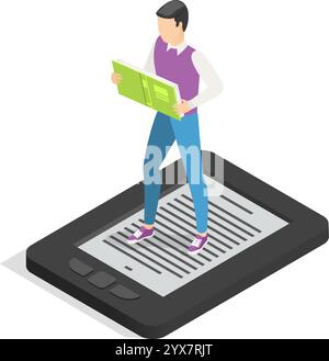 Online library isometric vector concept with student standing on ebook reader holding open book, enjoying reading electronic version of textbook Stock Vector