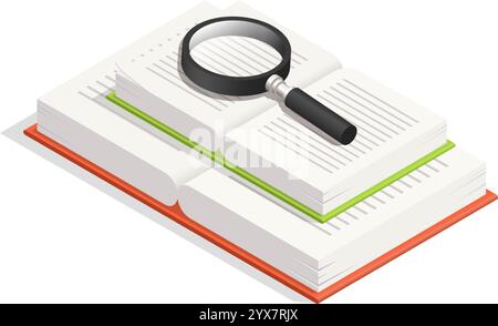 Open book resting on a surface, accompanied by a magnifying glass, representing research, discovery, and the continuous pursuit of knowledge within Stock Vector
