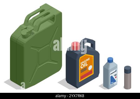 An isometric illustration of vehicle maintenance items, including a green fuel can, a black container of engine oil, a blue-capped bottle, and a spray Stock Vector