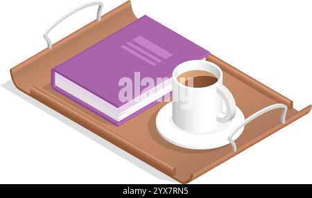Presenting a cozy breakfast scene, a wooden tray holds a closed purple book next to a steaming cup of coffee, inviting relaxation and enjoyment in the Stock Vector