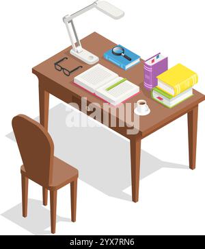 Open book, stack of books, magnifying glass, reading glasses, cup of coffee and desk lamp are lying on wooden table with chair, creating comfortable Stock Vector